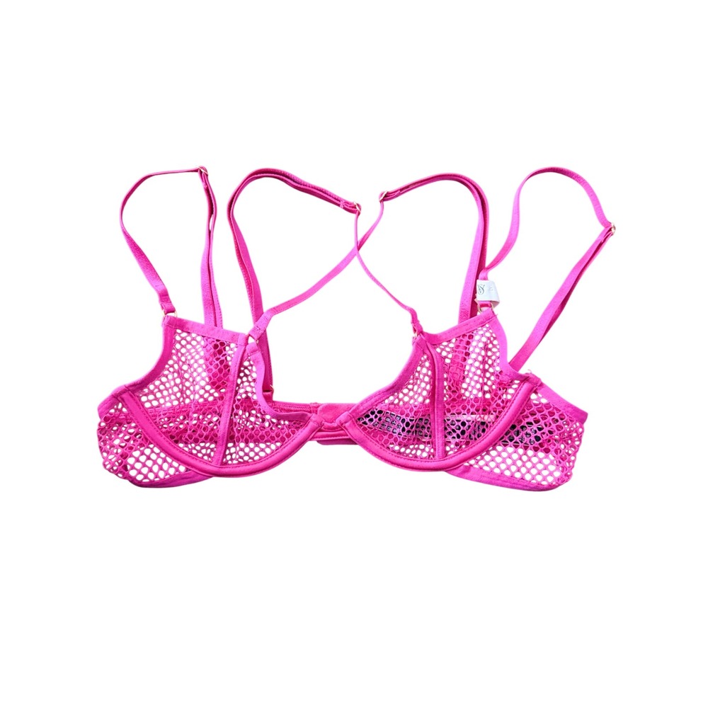 Victorias Secret Unlined Fishnet Strappy Bra Hot Pink Underwire S-DD Romantic